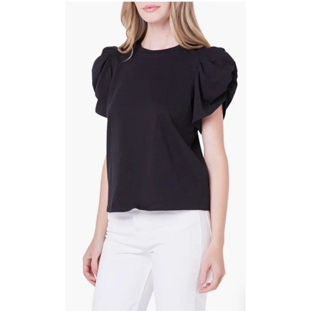 English Factory Black Stretch Top M Medium Cotton Ruffle Sleeve Trim Washable